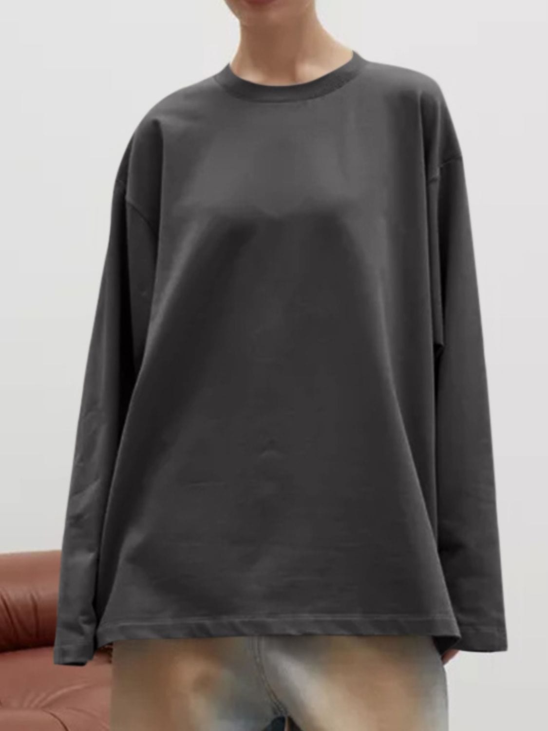 Round Neck Dropped Shoulder Long Sleeve T-Shirt - Trendsi