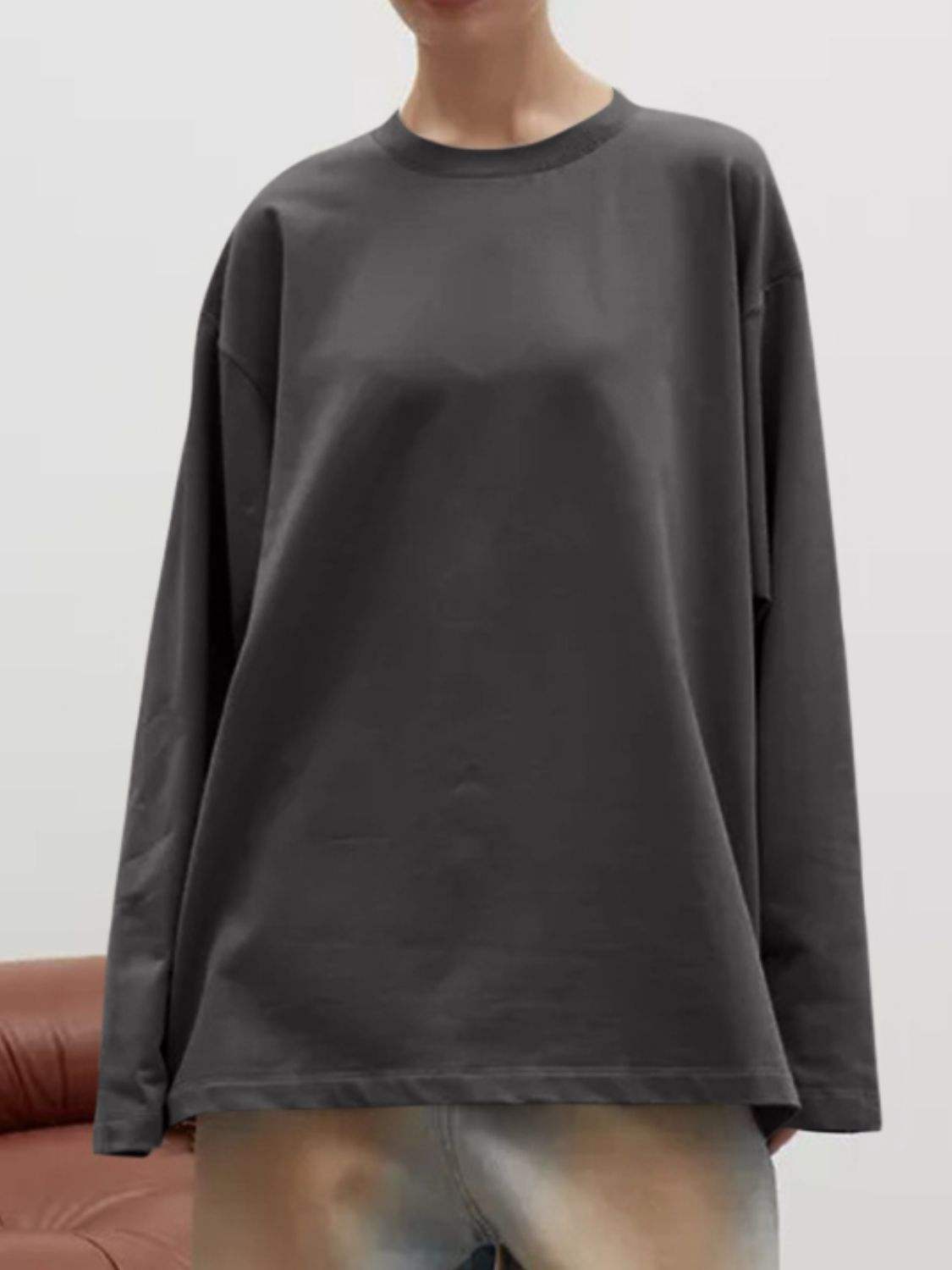 Round Neck Dropped Shoulder Long Sleeve T-Shirt - Trendsi - Flyclothing LLC