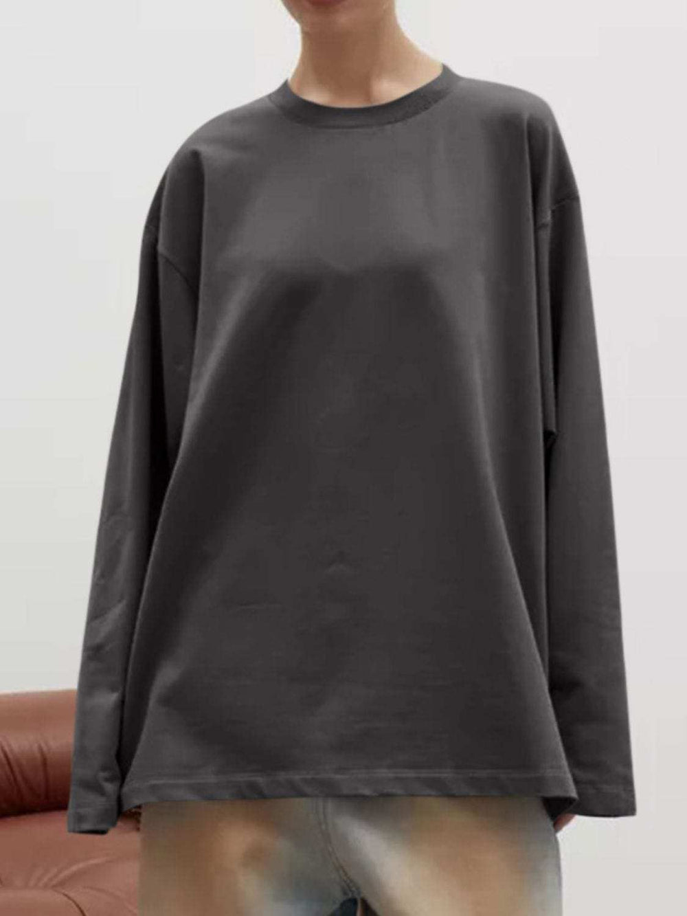 Round Neck Dropped Shoulder Long Sleeve T-Shirt - Trendsi - Flyclothing LLC