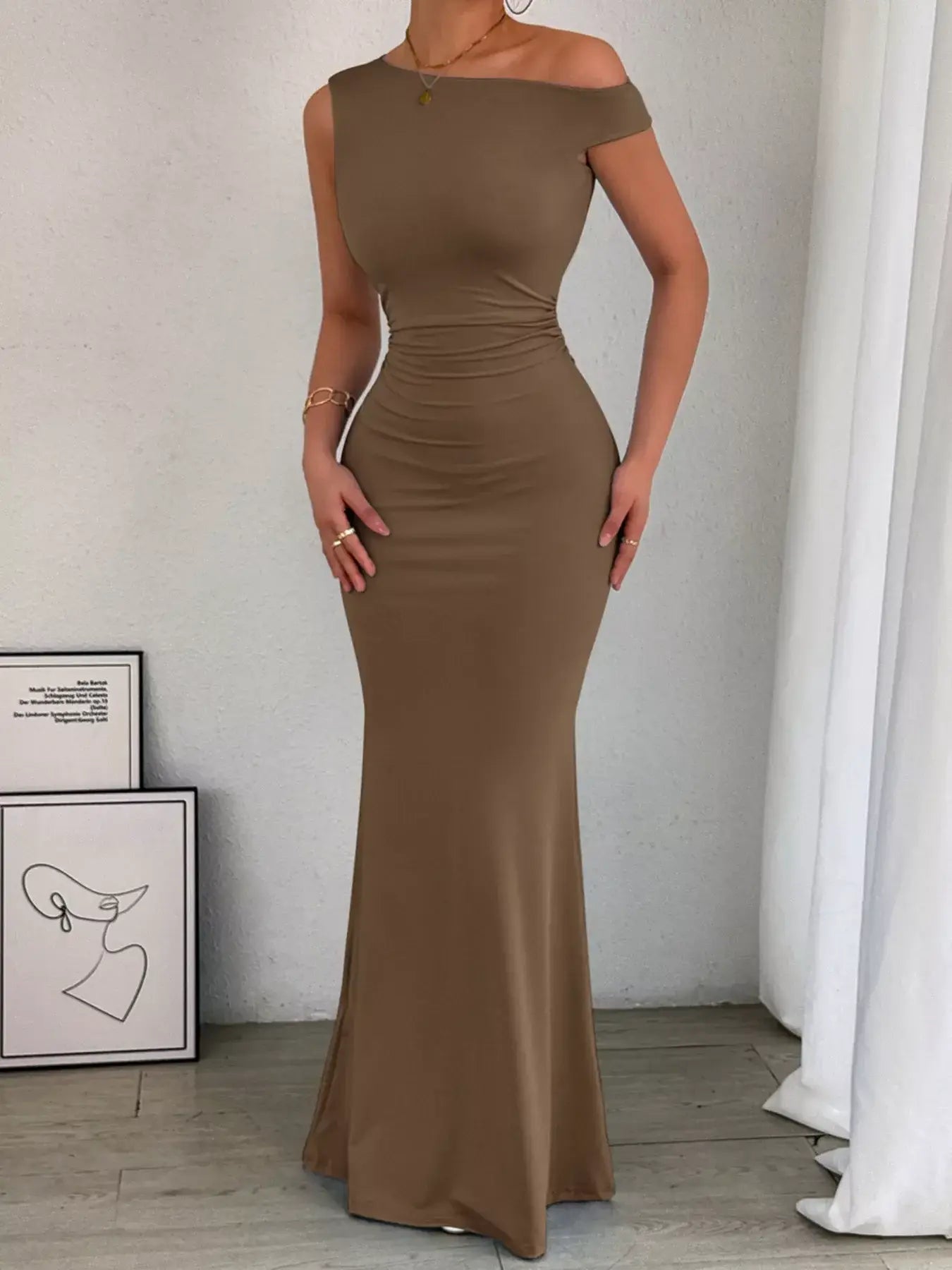 One-Shoulder Ruched Bodycon Maxi Dress - Trendsi - Flyclothing LLC