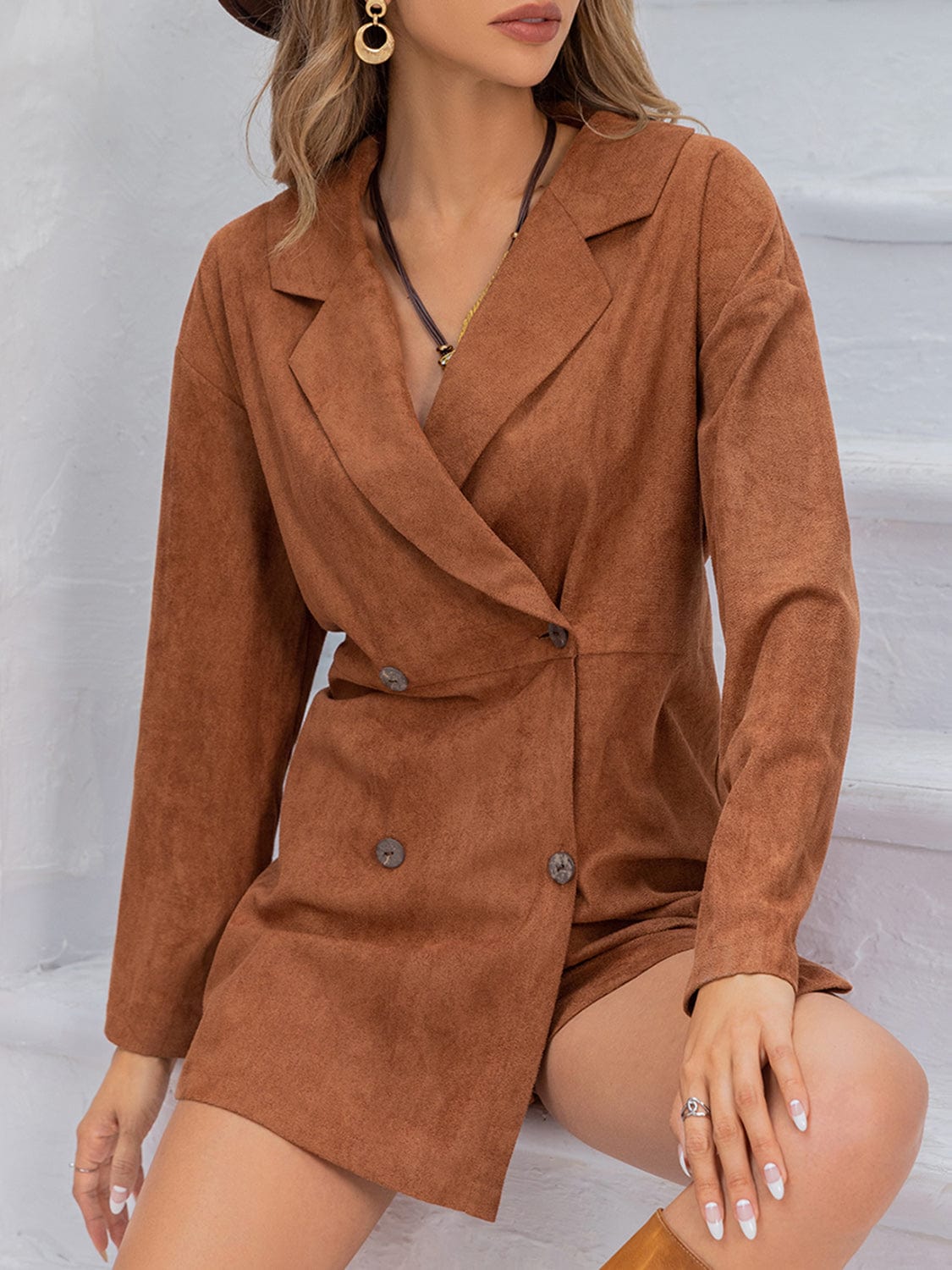Lapel Collar Long Sleeve Romper - Trendsi