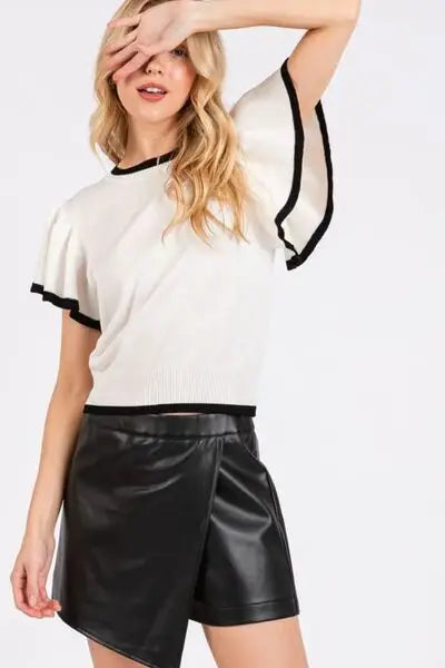 Mittoshop Contrast Trim Ruffled Cap Sleeve Knit Top - Trendsi - Flyclothing LLC