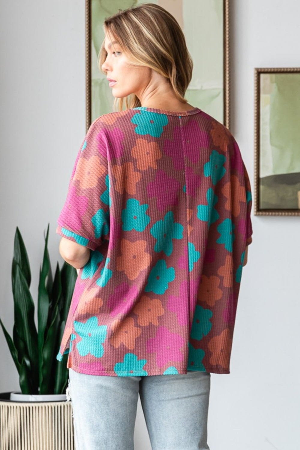 HOPELY Full Size Floral Round Neck Side Slit T-Shirt - Trendsi