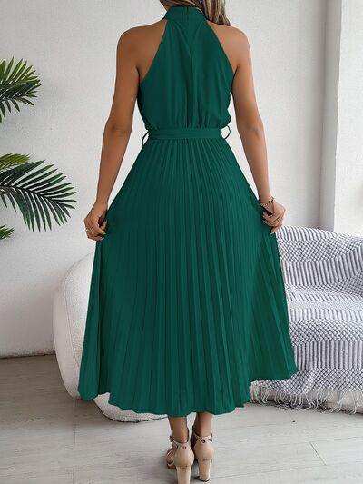 Grecian Neck Tie Waist Pleated Dress - Trendsi - Flyclothing LLC