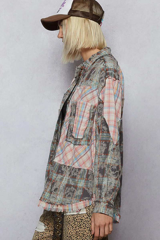 POL Plaid Patchwork Long Sleeve Shirt with Raw Edge Detail - Trendsi - Flyclothing LLC