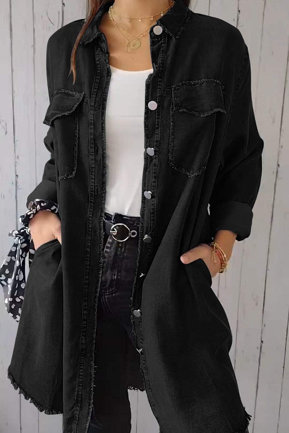 Full Size Pocketed Button Up Long Sleeve Denim Jacket - Trendsi - Flyclothing LLC