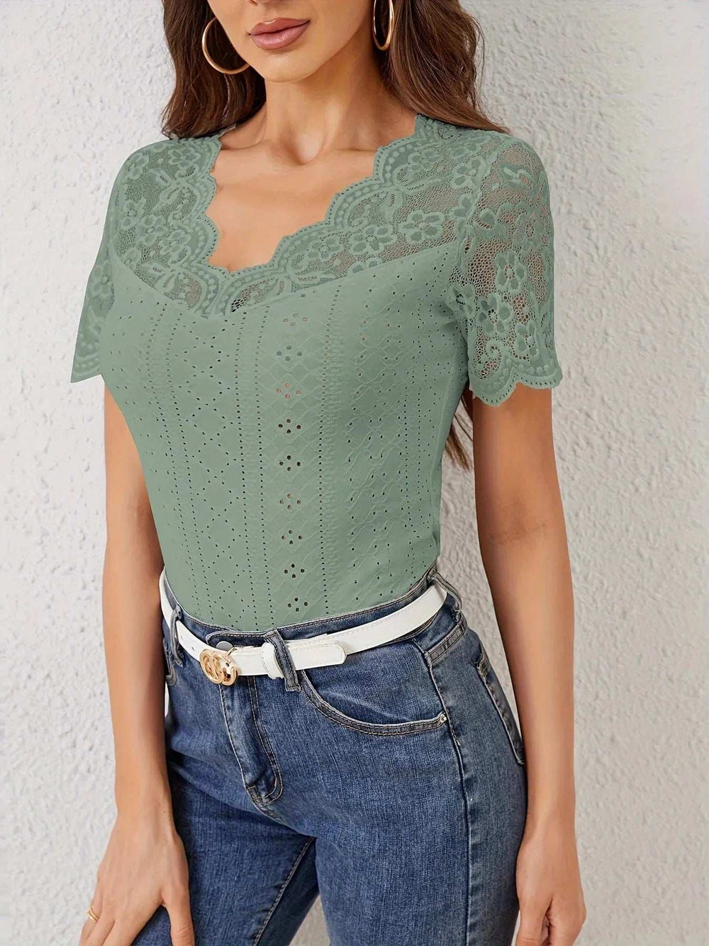 Lace Trim Eyelet Embroidered Summer T-Shirt - Trendsi - Flyclothing LLC