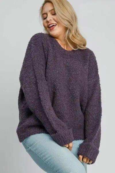 Umgee Full Size Round Neck Long Sleeve Boucle Sweater Plus Size - Trendsi - Flyclothing LLC