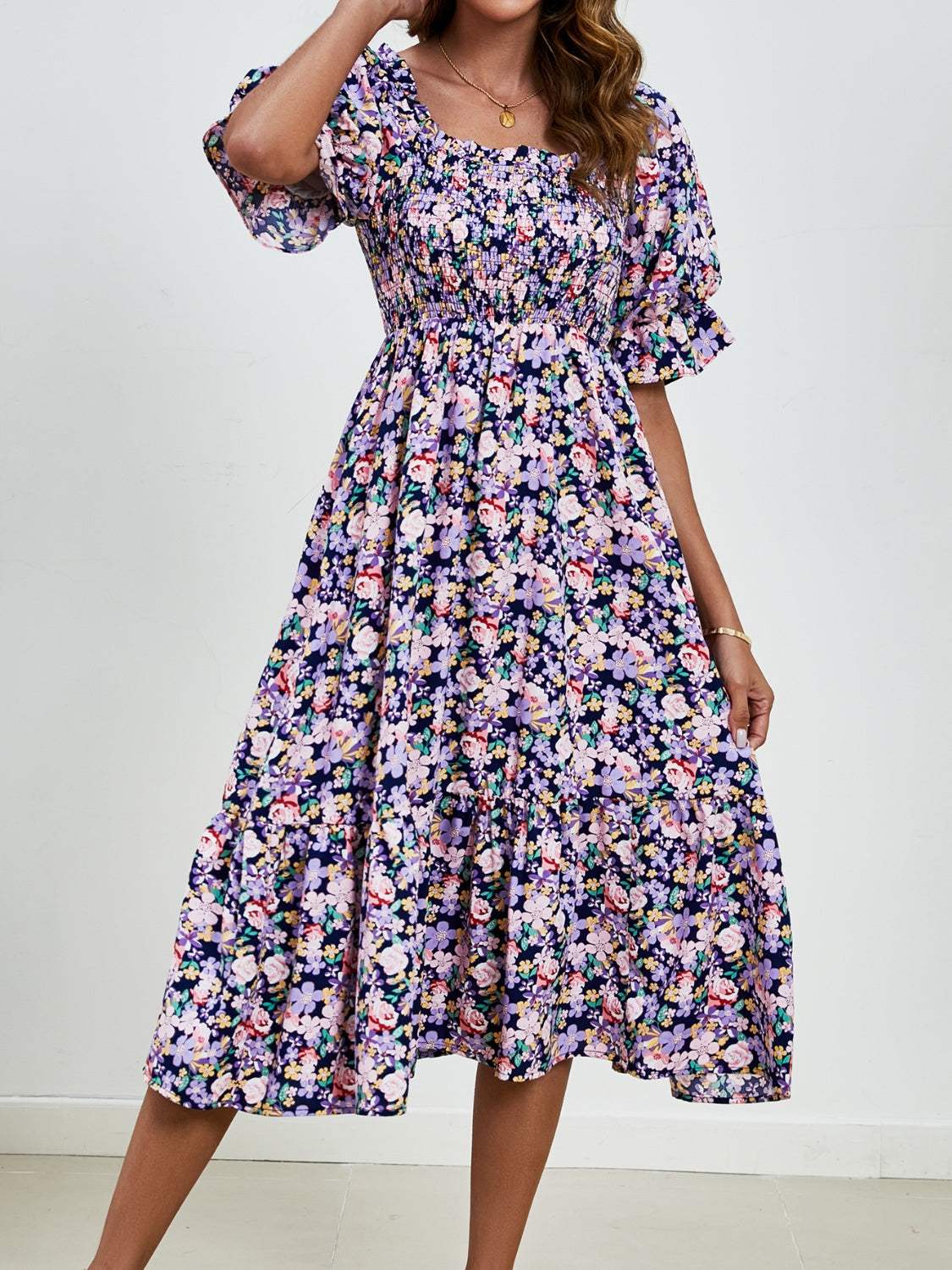 Smocked Floral Square Neck Short Sleeve Dress - Trendsi - Flyclothing LLC