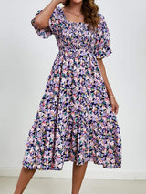 Smocked Floral Square Neck Short Sleeve Dress - Trendsi - Flyclothing LLC