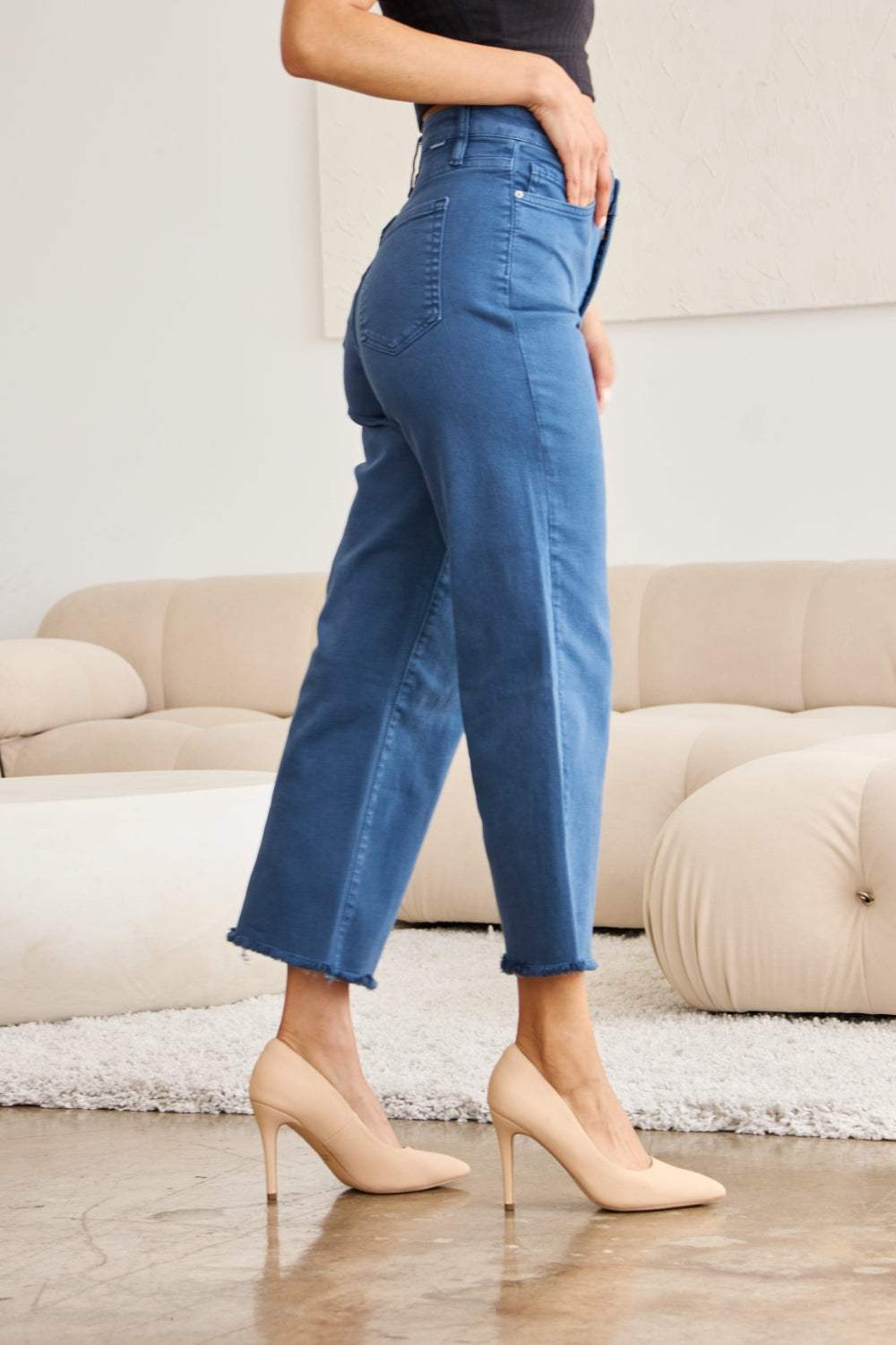RFM Crop Chloe Full Size Tummy Control High Waist Raw Hem Jeans - Trendsi - Flyclothing LLC