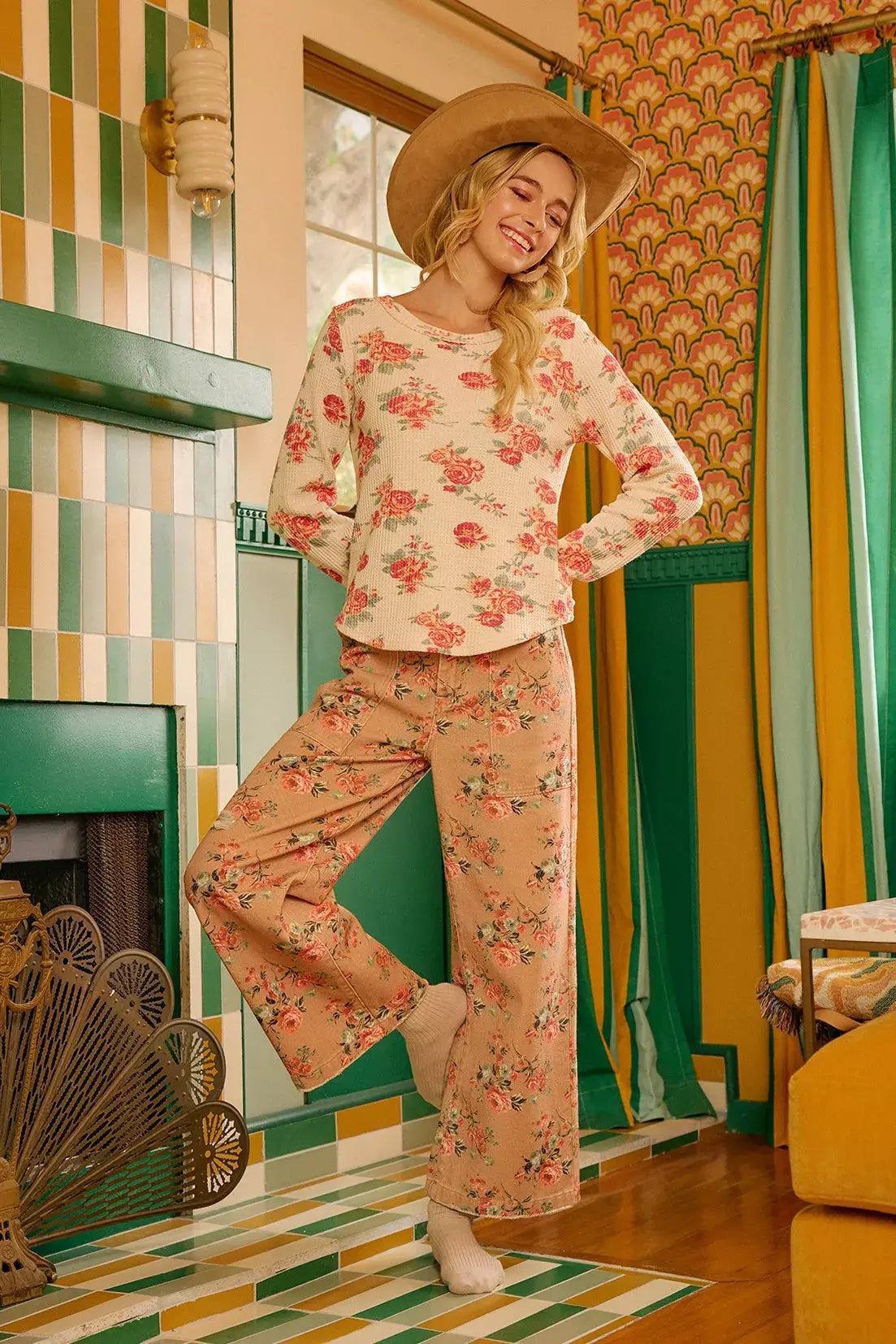 BiBi Floral Print Washed Waffle Thermal Top With Thumb - Trendsi - Flyclothing LLC