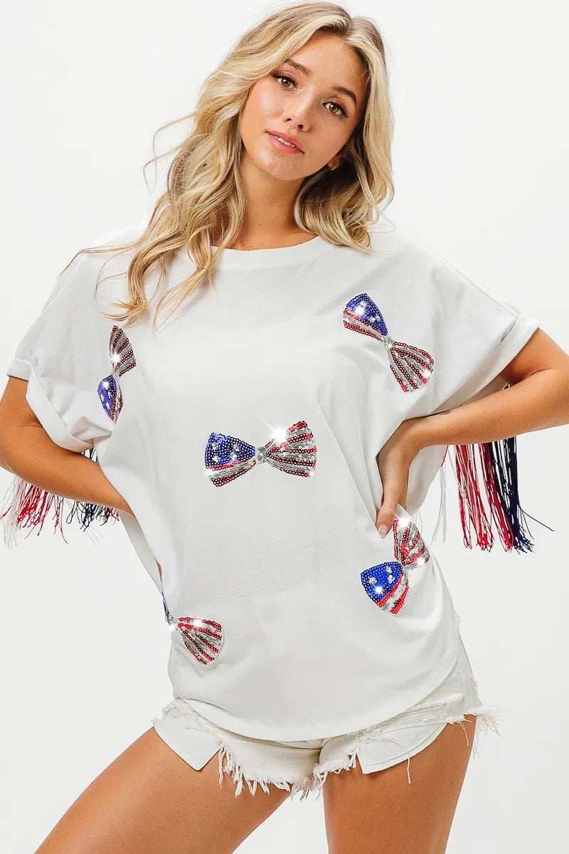 BiBi American Flag Sequin Ribbon T-Shirt - Trendsi - Flyclothing LLC