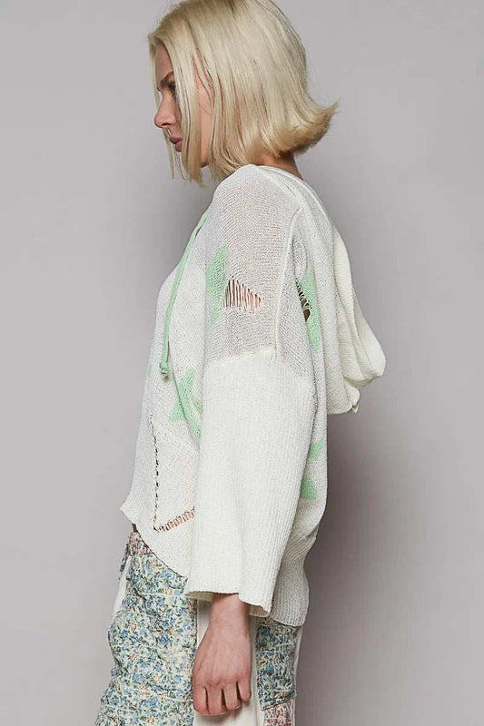 POL Distressed Lace-Up Star Pattern Hooded Hooded Sweater - Trendsi - Flyclothing LLC