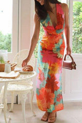 Split Crisscross Back Printed Plunge Maxi Dress - Trendsi - Flyclothing LLC