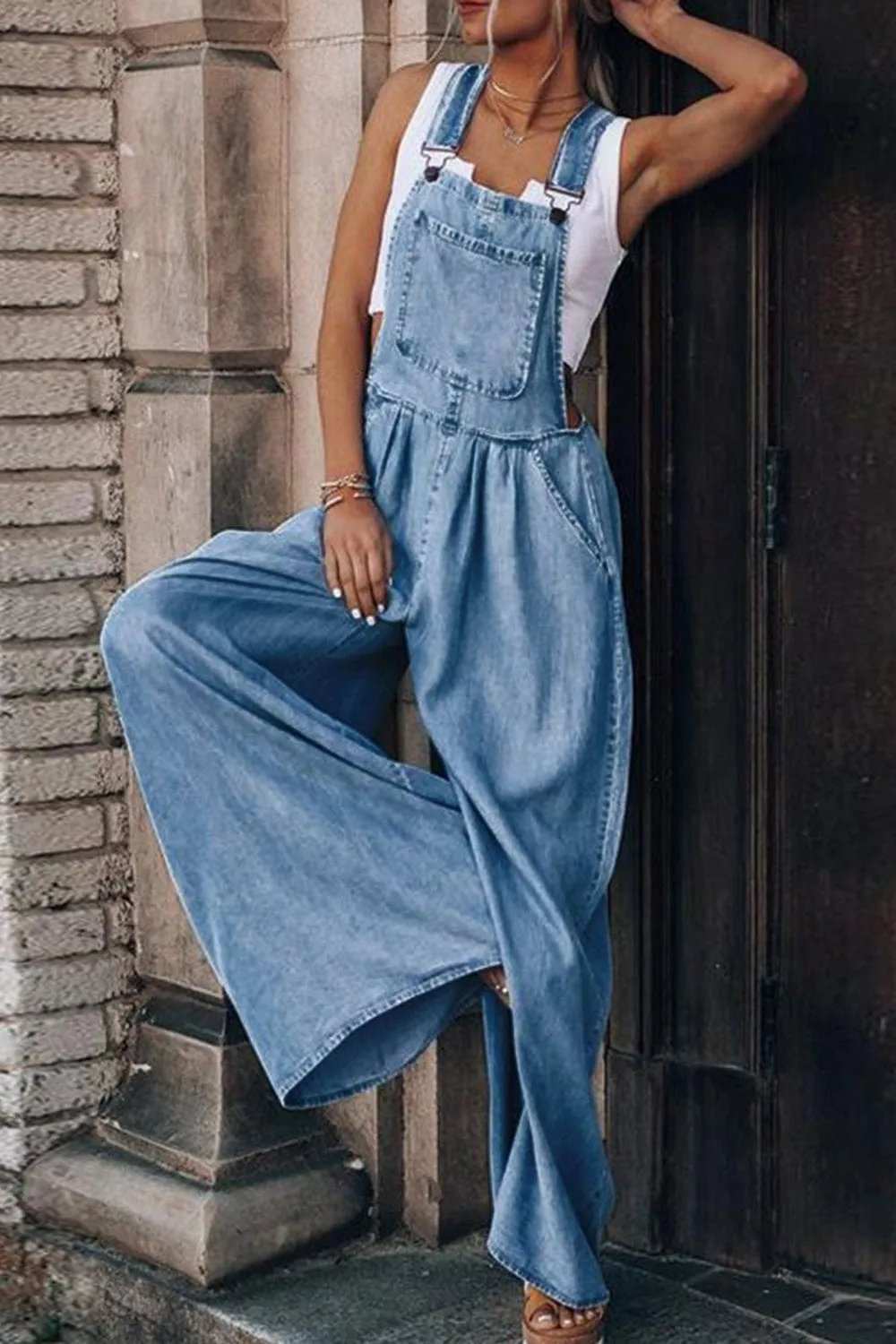 Distressed Wide Leg Denim Overalls - Trendsi - Flyclothing LLC
