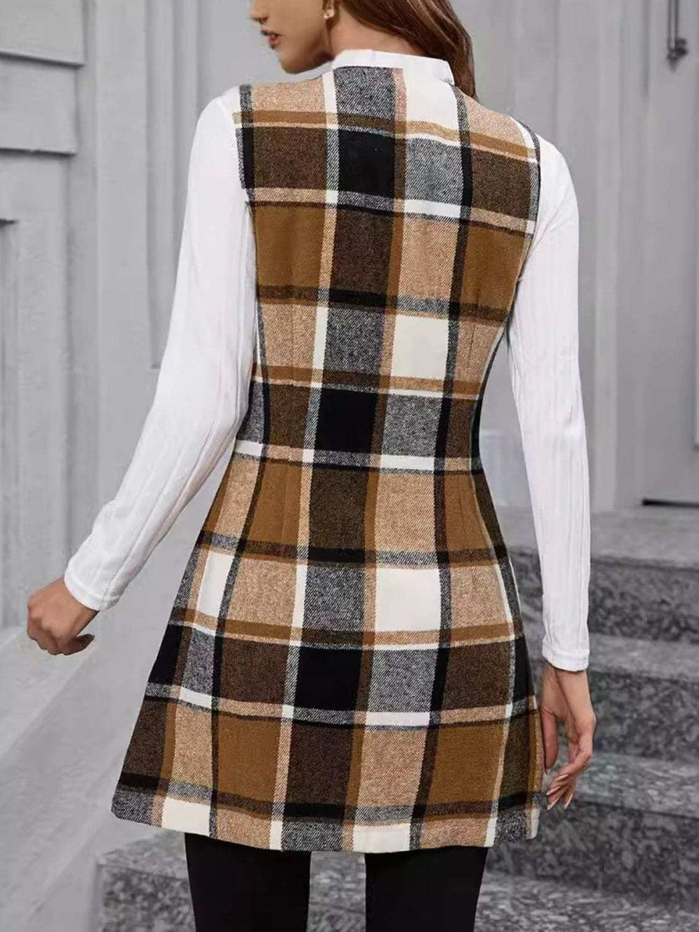 Plaid V-Neck Vest Coat - Trendsi - Flyclothing LLC