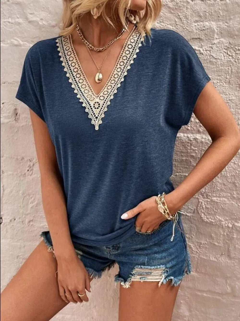 Full Size Lace Detail V-Neck Short Sleeve T-Shirt - Trendsi - Flyclothing LLC
