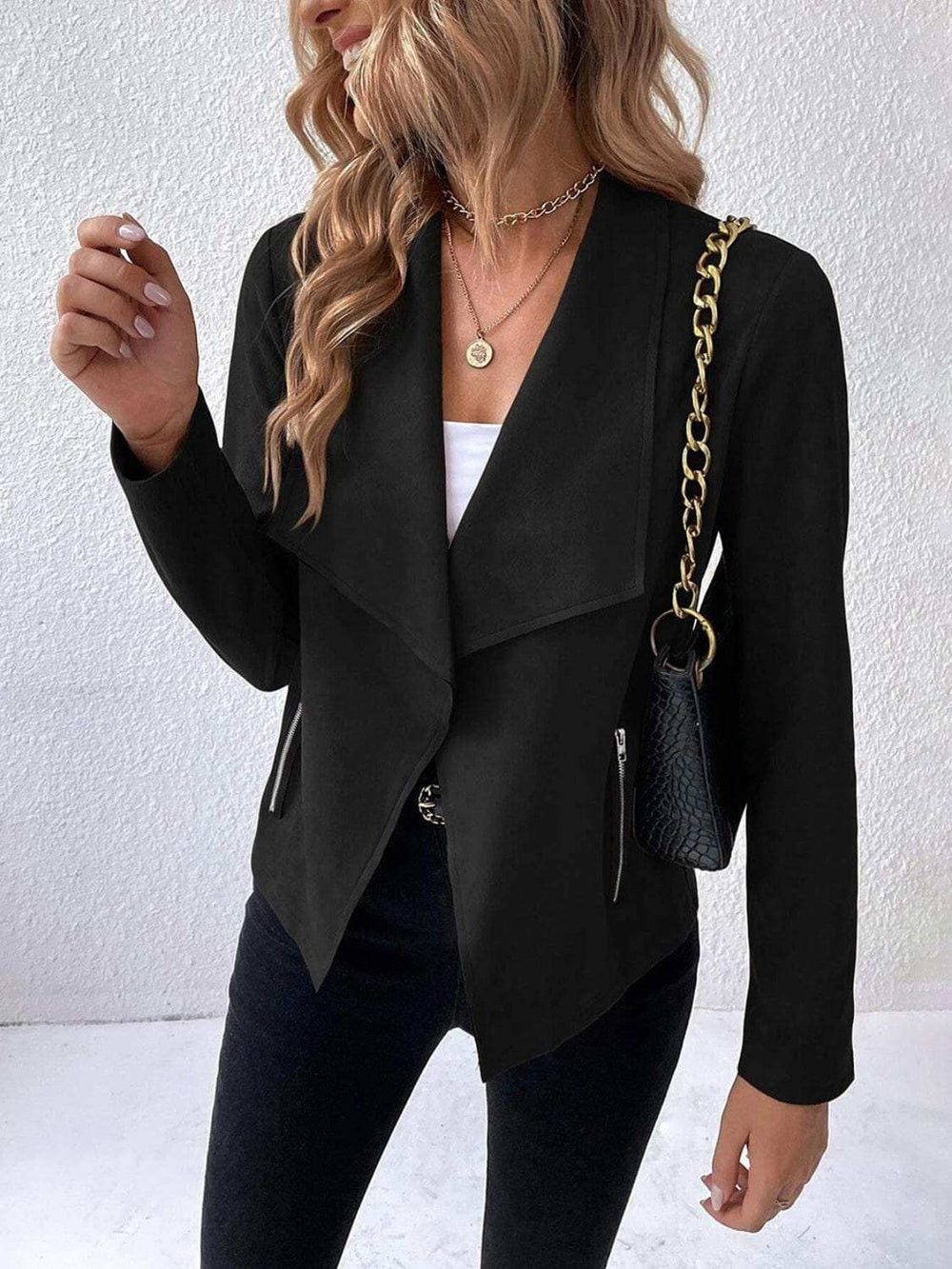 Collared Neck Long Sleeve Jacket - Trendsi - Flyclothing LLC