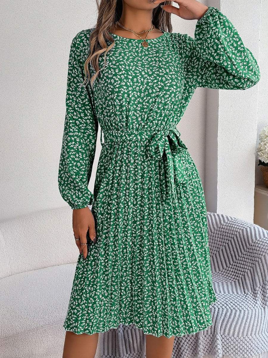 Ditsy Floral Tie Waist Pleated Dress - Trendsi - Flyclothing LLC