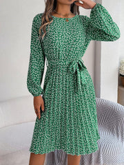 Ditsy Floral Tie Waist Pleated Dress - Trendsi
