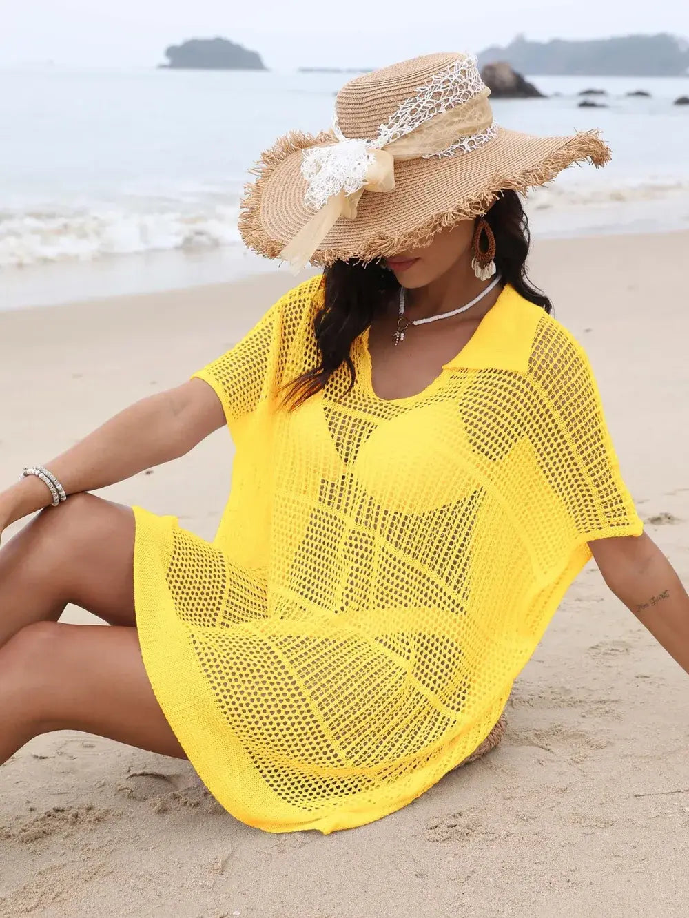 Hollow Out Collared Neck Cover-Up - Trendsi - Flyclothing LLC