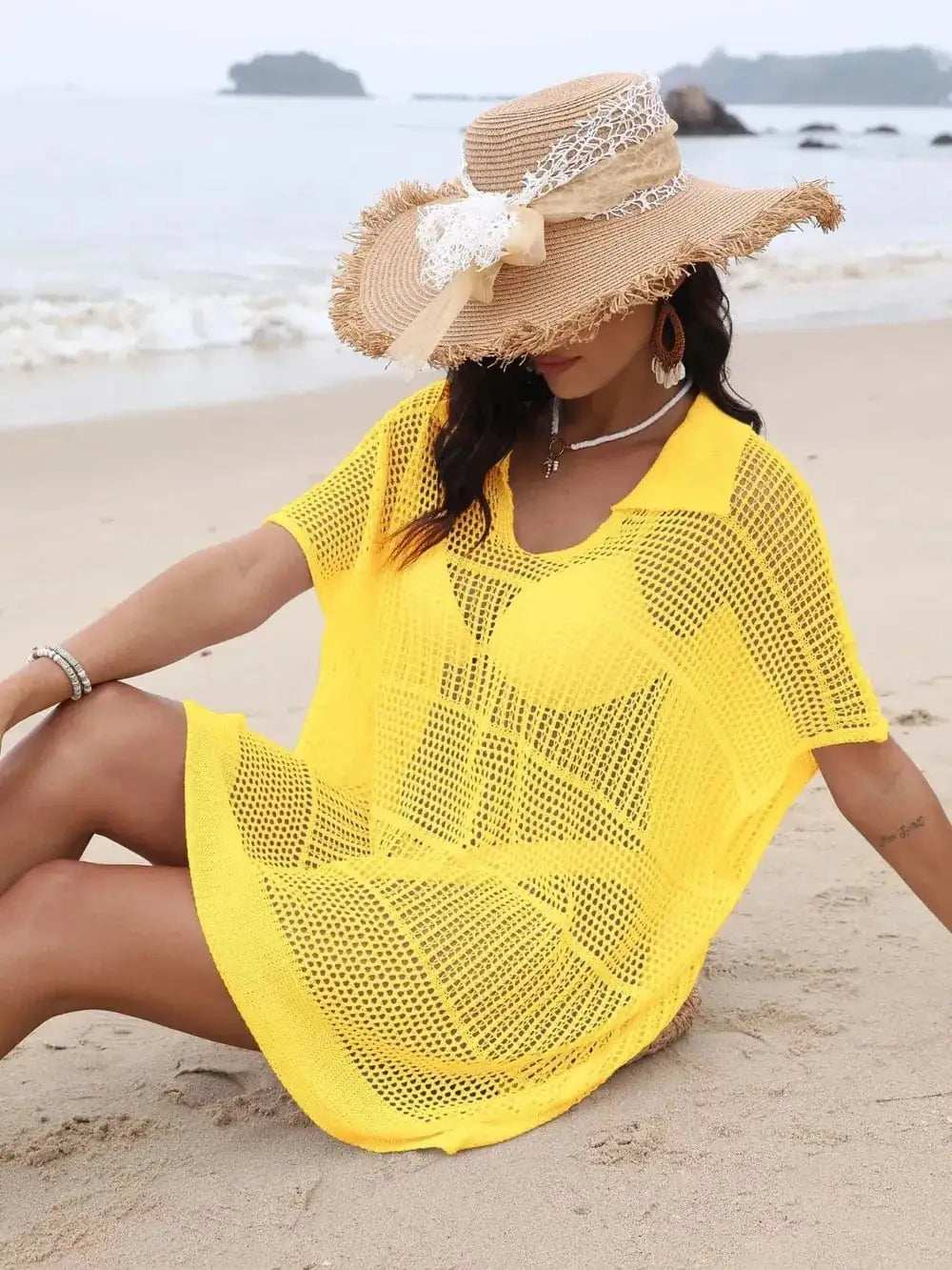 Hollow Out Collared Neck Cover-Up - Trendsi - Flyclothing LLC
