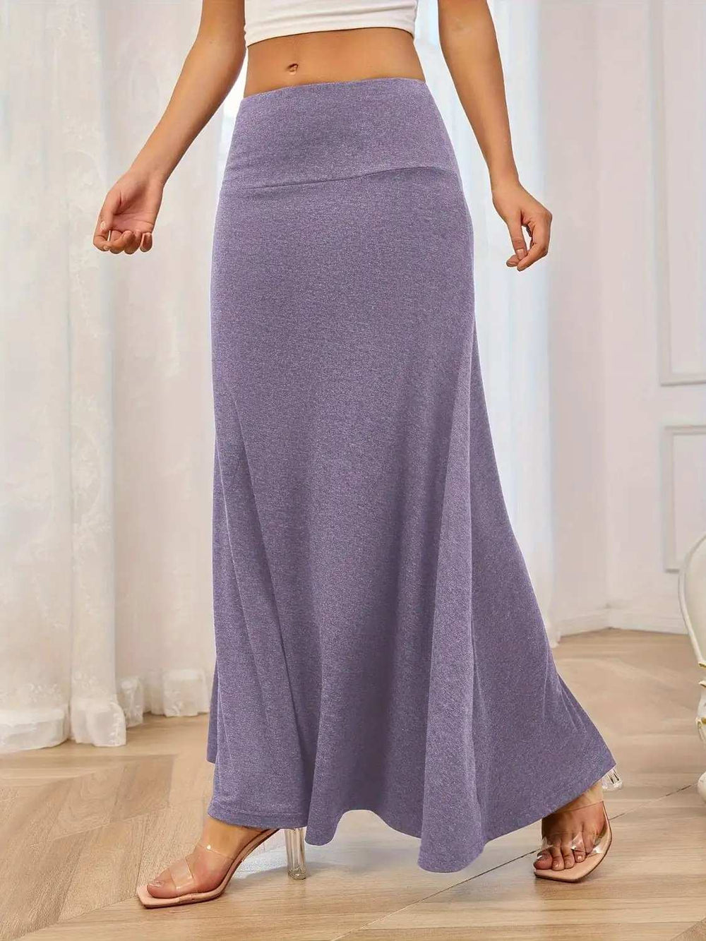 Solid Elastic Waist Maxi Skirt - Trendsi - Flyclothing LLC