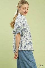 Umgee Mixed Print Puff Sleeve Split Neck Top - Trendsi - Flyclothing LLC