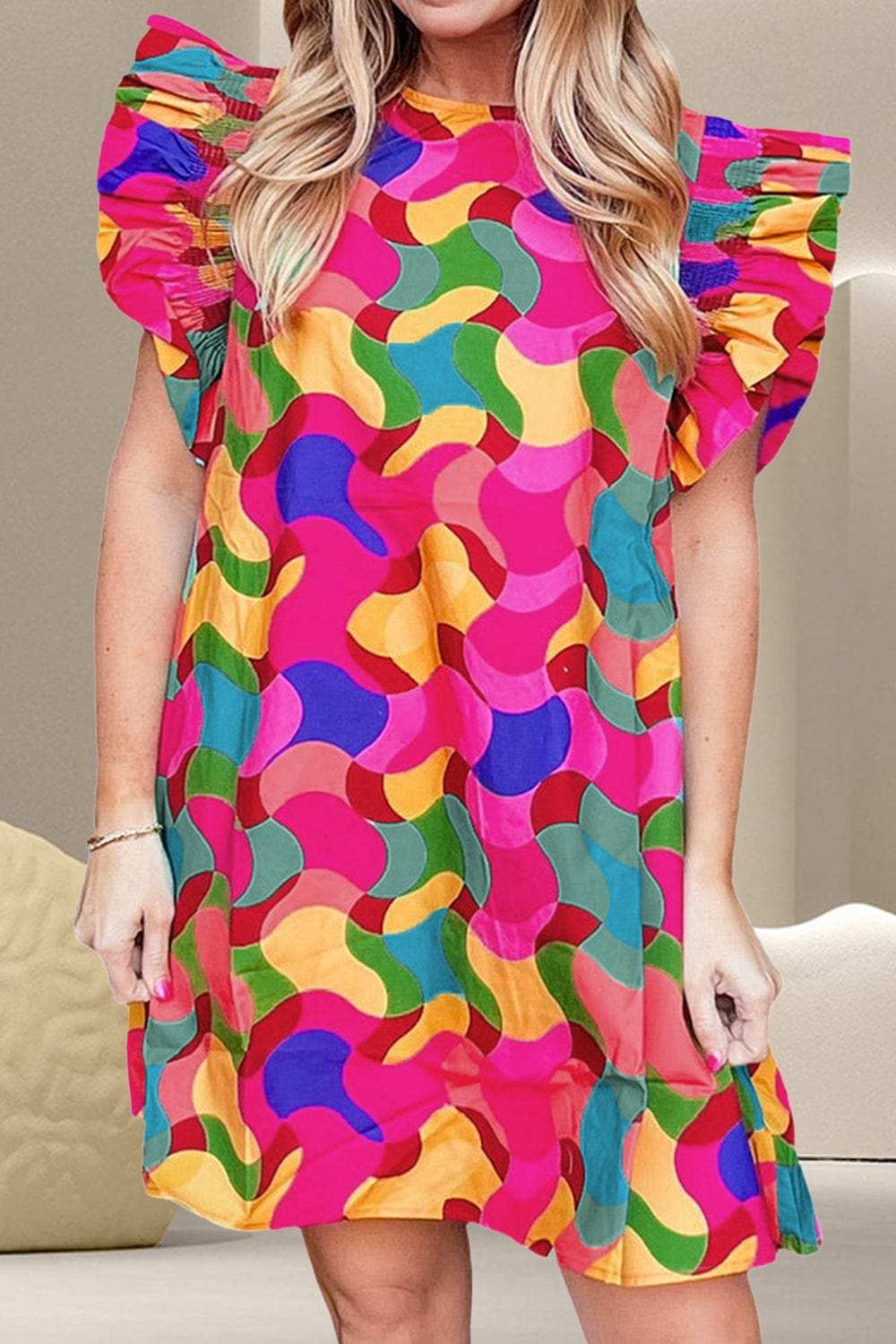 Contrast Print Round Neck Cap Sleeve Mini Dress - Trendsi - Flyclothing LLC