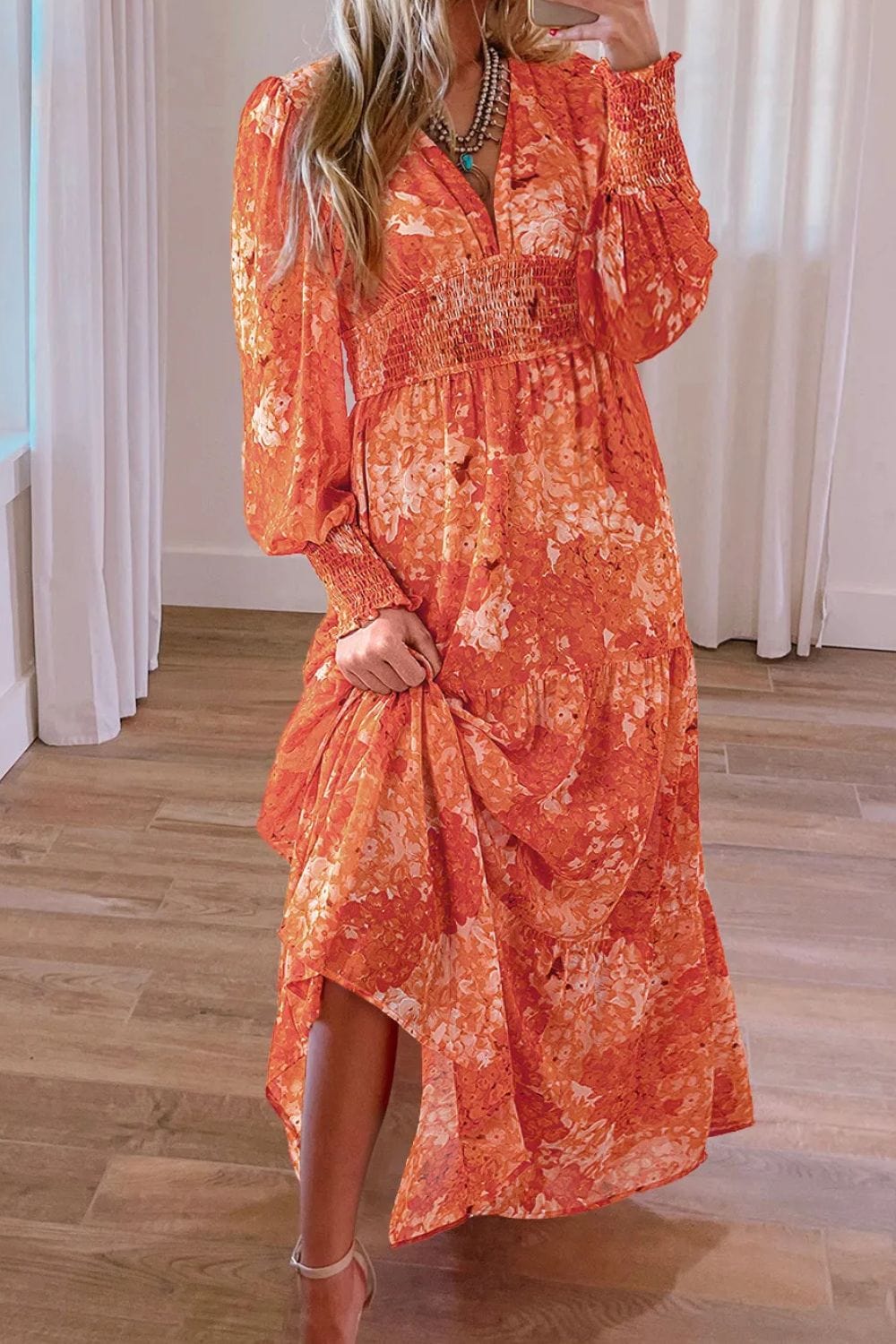 Smocked Printed V-Neck Long Sleeve Dress - Trendsi