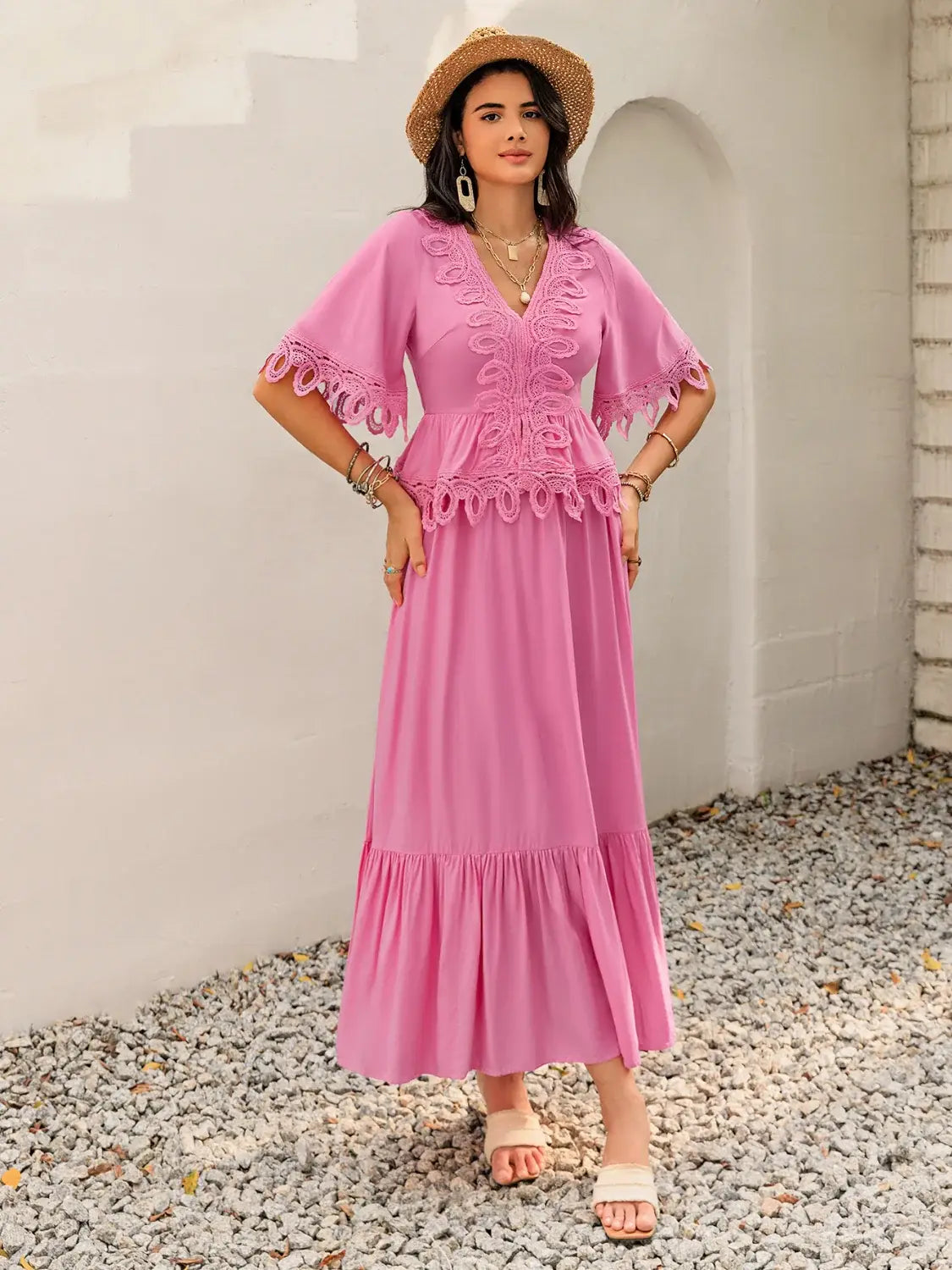 Lace Detail V-Neck Half Sleeve Midi Dress - Trendsi - Flyclothing LLC
