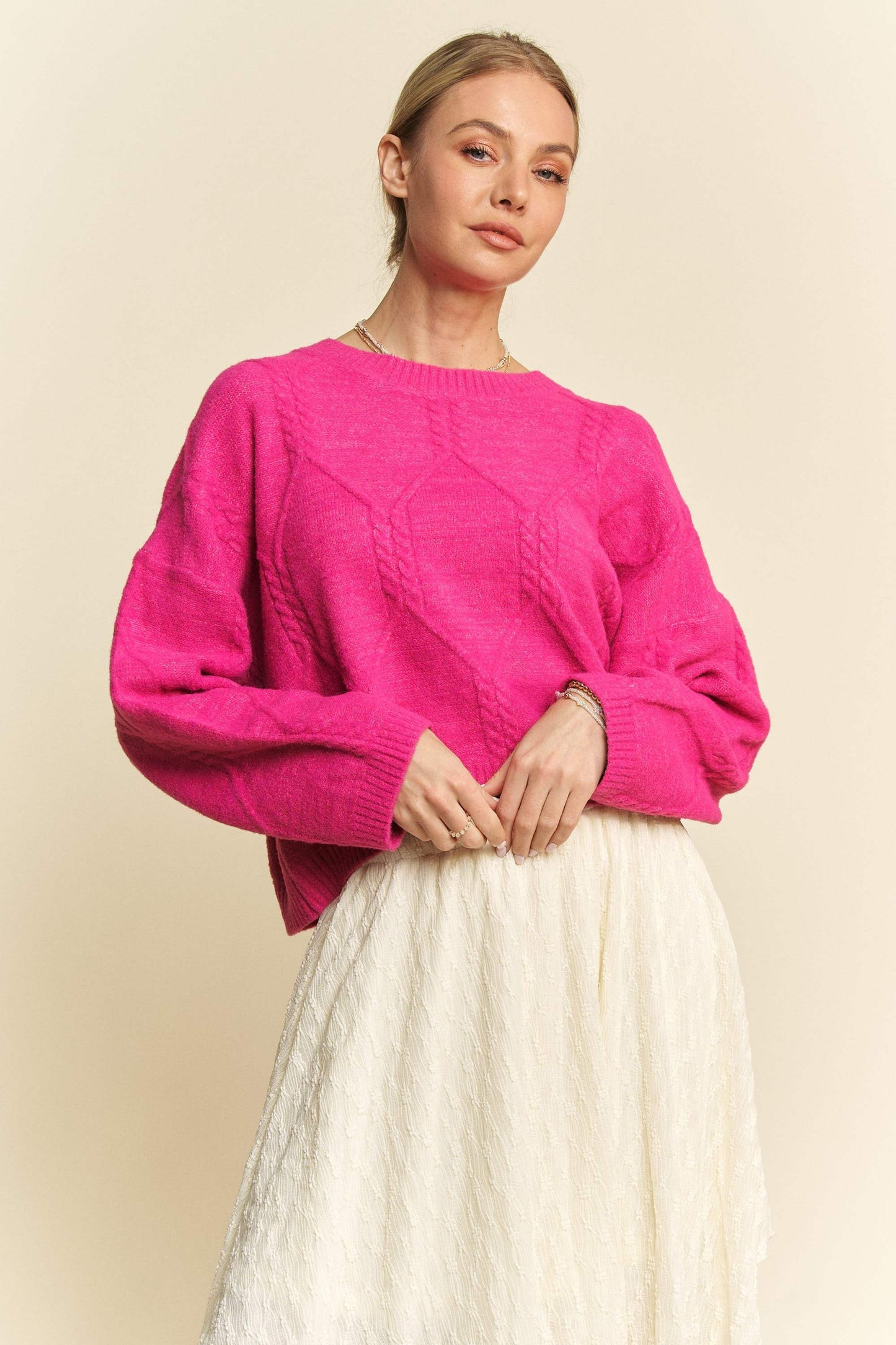 Davi & Dani Diamond Cable Pattern Drop Shoulder Sweater - Trendsi - Flyclothing LLC