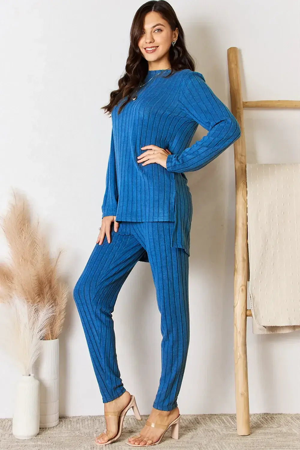 Basic Bae Full Size Ribbed Round Neck High-Low Slit Top and Pants Set - ShopBasicbae - Flyclothing LLC