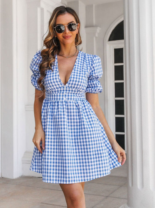 Decorative Button Plaid Short Sleeve Dress - Trendsi