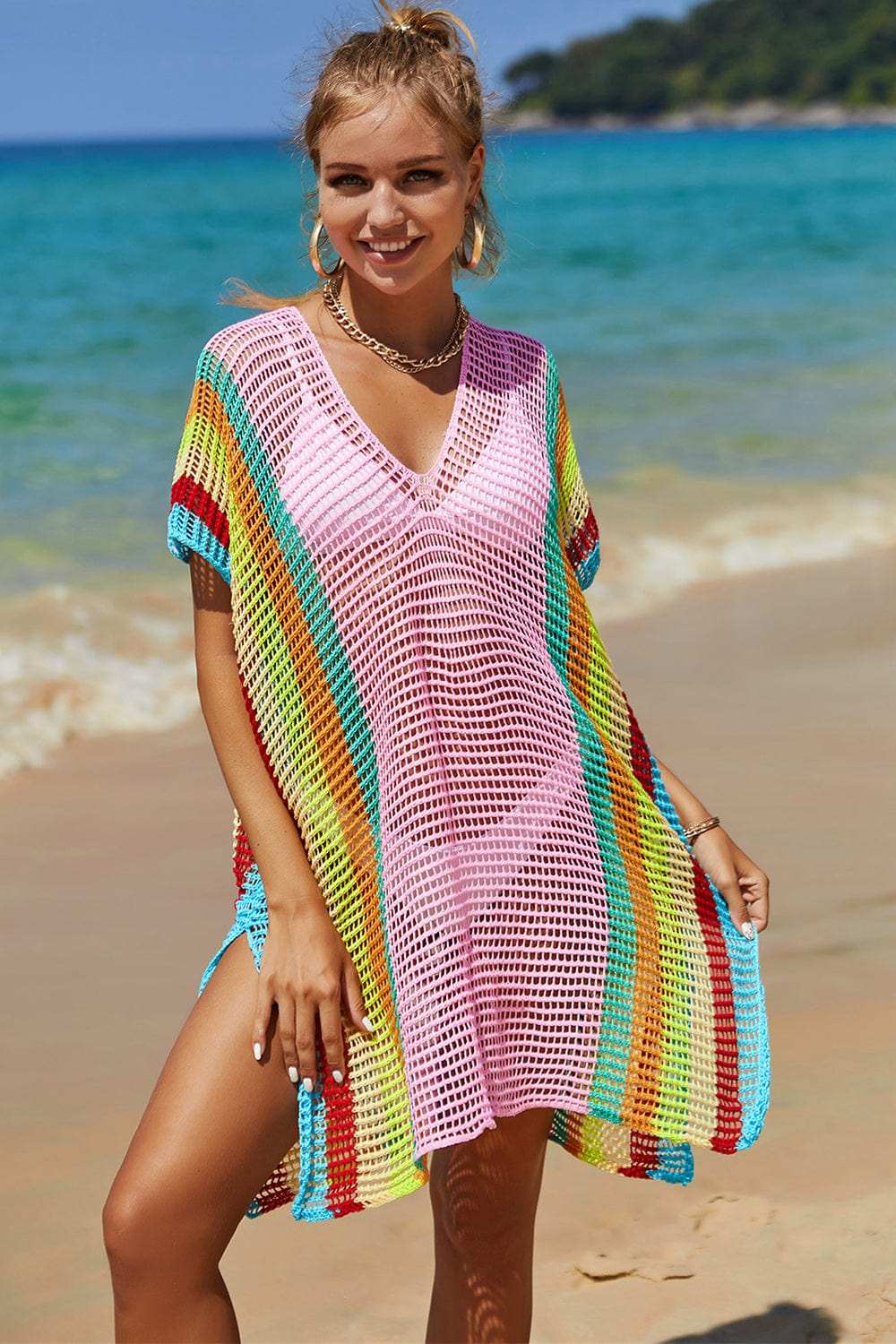 Double Take Openwork Striped Slit Knit Cover Up - Trendsi - Flyclothing LLC