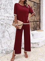 Contrast Trim Round Neck Top and Pants Set - Trendsi - Flyclothing LLC