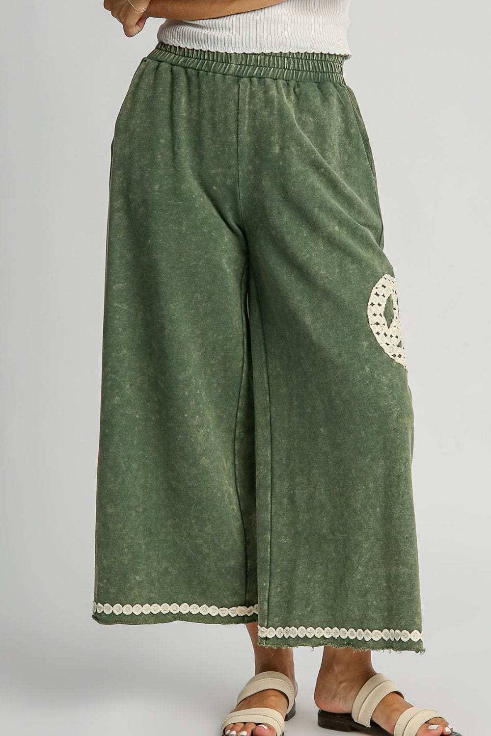 Umgee Full Size Peace Lace Applique Mineral Wash Wide Leg Pants Plus Size - Trendsi - Flyclothing LLC