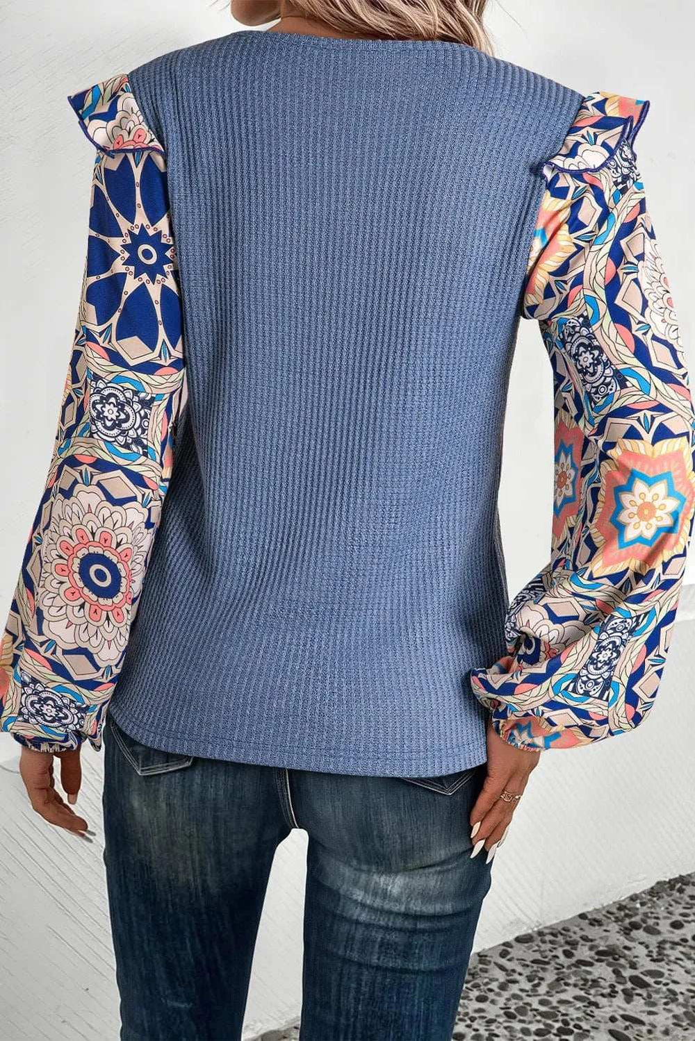 Ruffled Printed Round Neck Long Sleeve Top - Trendsi - Flyclothing LLC
