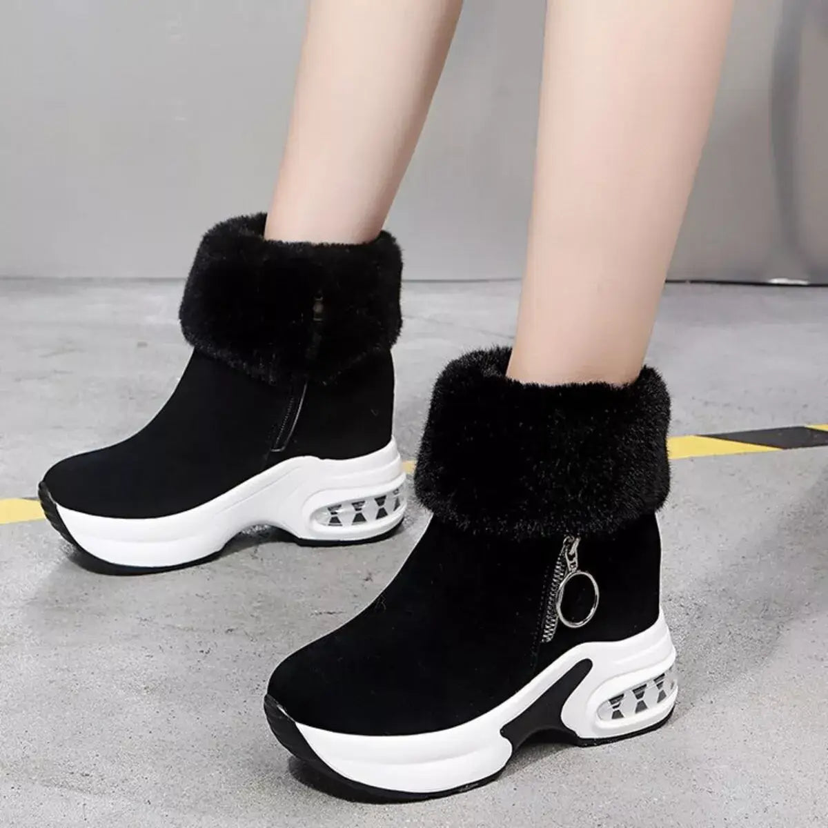 Fuzzy Side Zipper Platform Ankle Boots - Trendsi - Flyclothing LLC