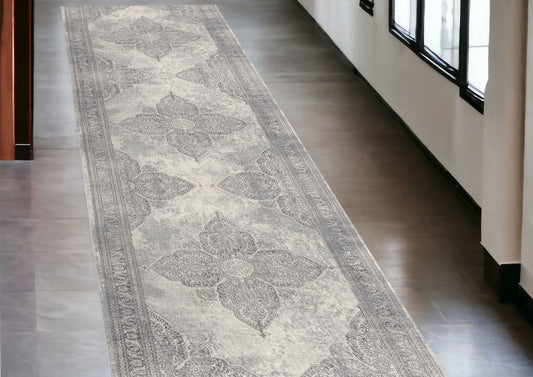 2' X 10' Gray Distressed Medallion Runner Rug - Homeroots