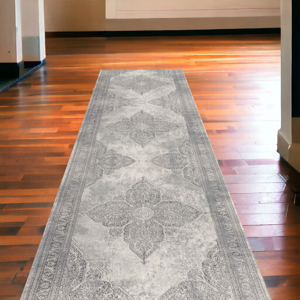 2' X 13' Gray Distressed Medallion Runner Rug