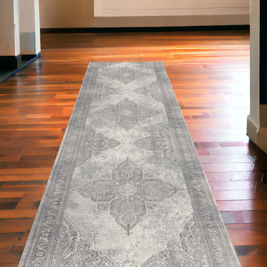 2' X 13' Gray Distressed Medallion Runner Rug