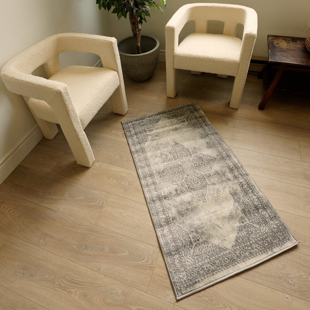 2' X 15' Gray Distressed Medallion Runner Rug