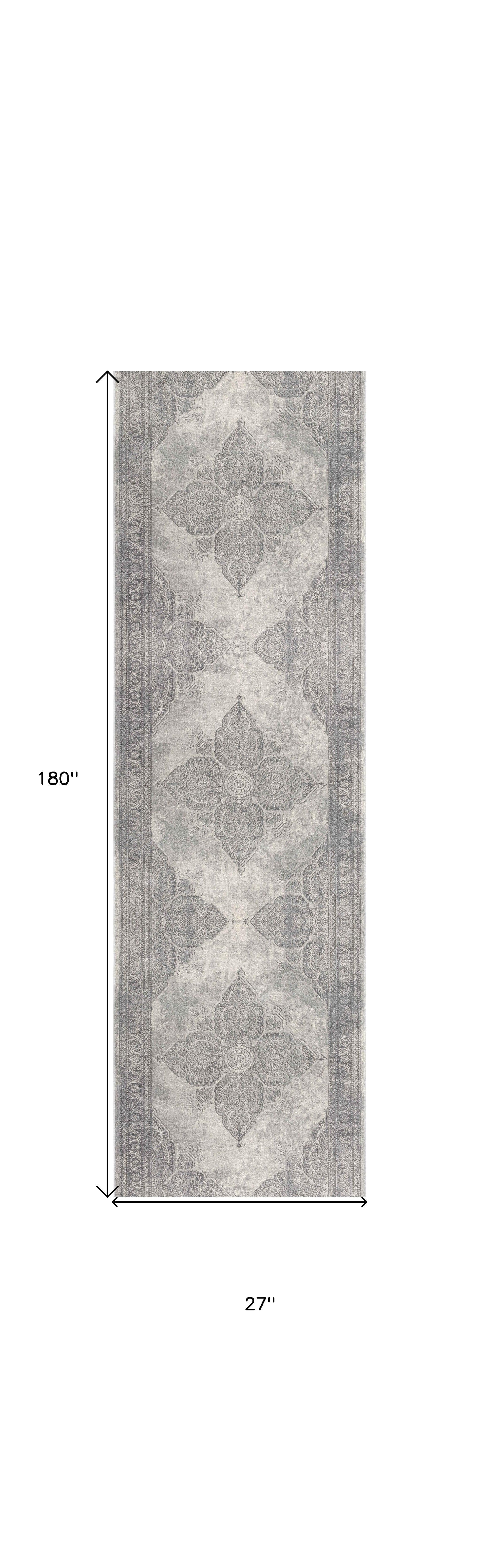 2' X 15' Gray Distressed Medallion Runner Rug