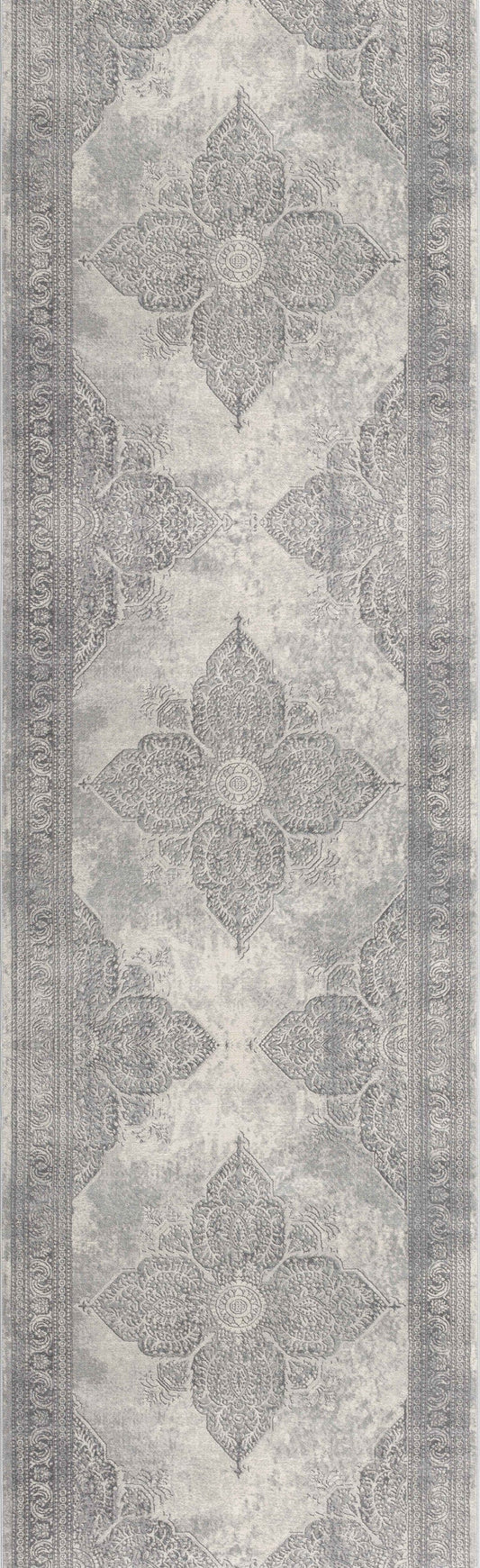 2' X 8' Gray Distressed Medallion Runner Rug