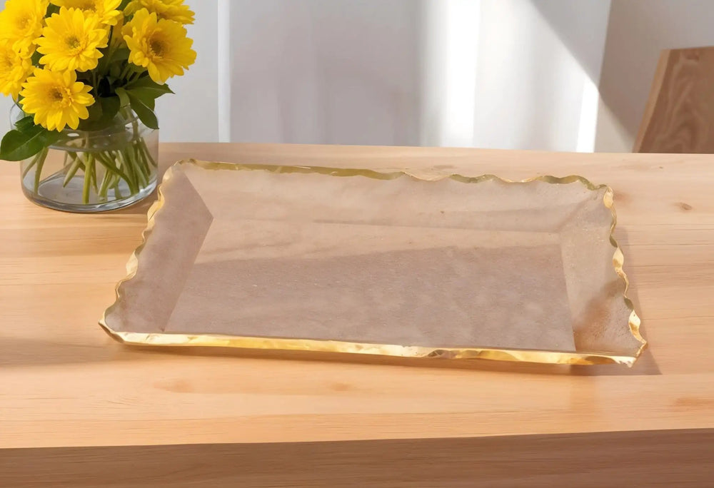 14" Clear and Gold Bubble Glass Scalloped Rim Rectangular Tray - Homeroots