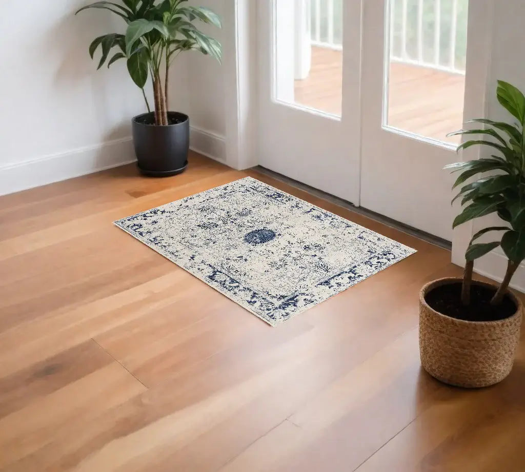 2' X 3' Navy Blue Distressed Floral Scatter Rug - Homeroots - Flyclothing LLC