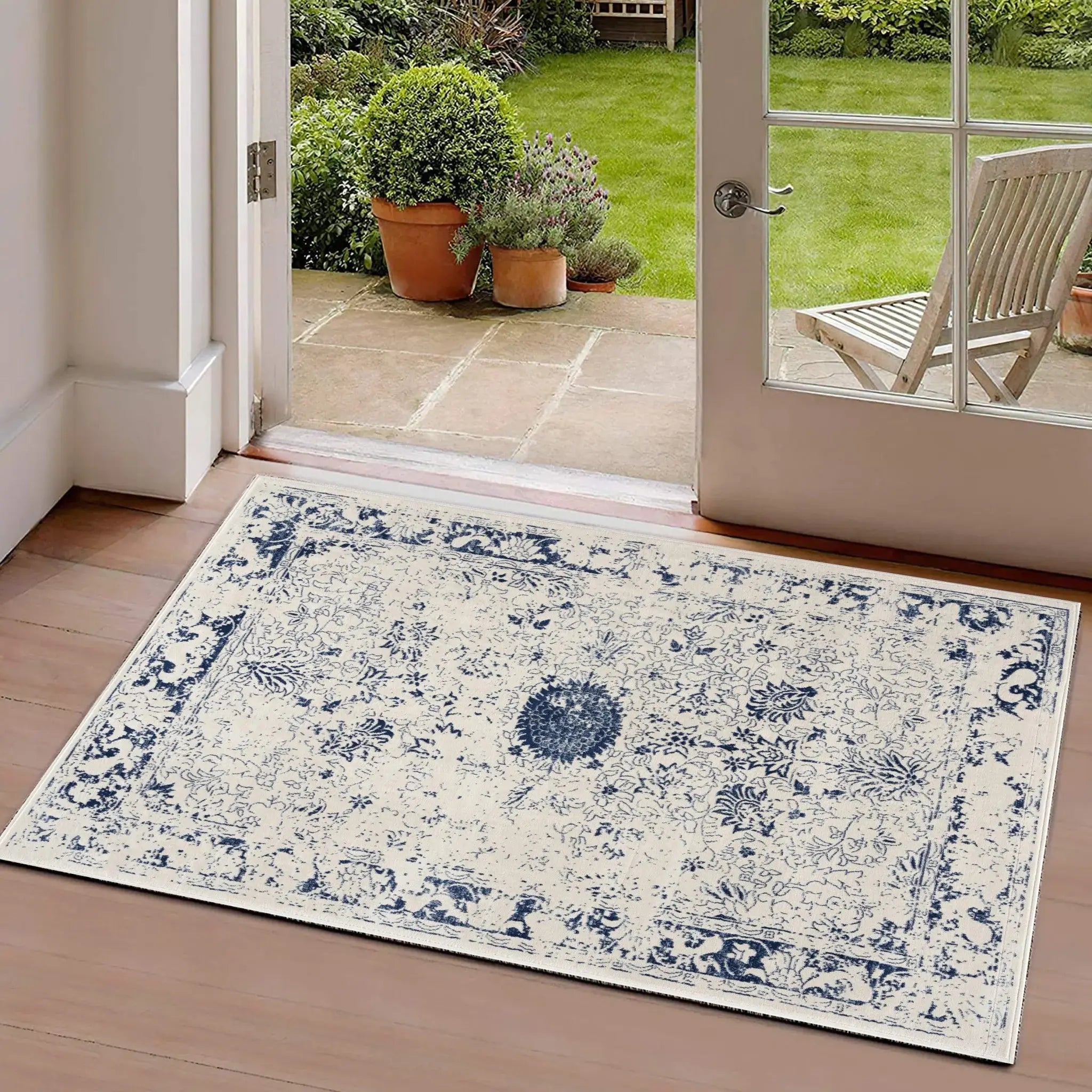 2' X 5' Navy Blue Distressed Floral Area Rug - Homeroots - Flyclothing LLC