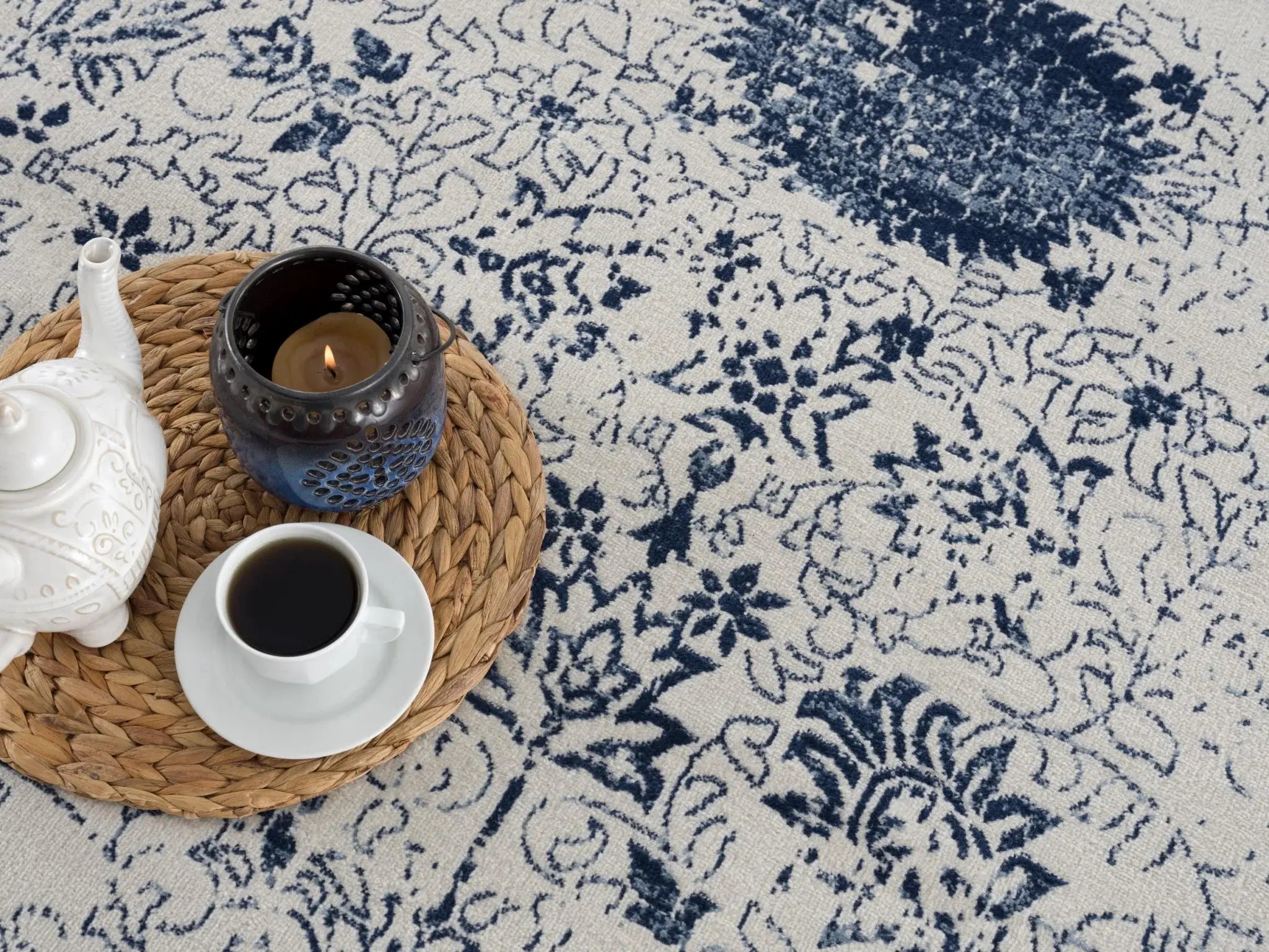 2' X 5' Navy Blue Distressed Floral Area Rug - Homeroots - Flyclothing LLC